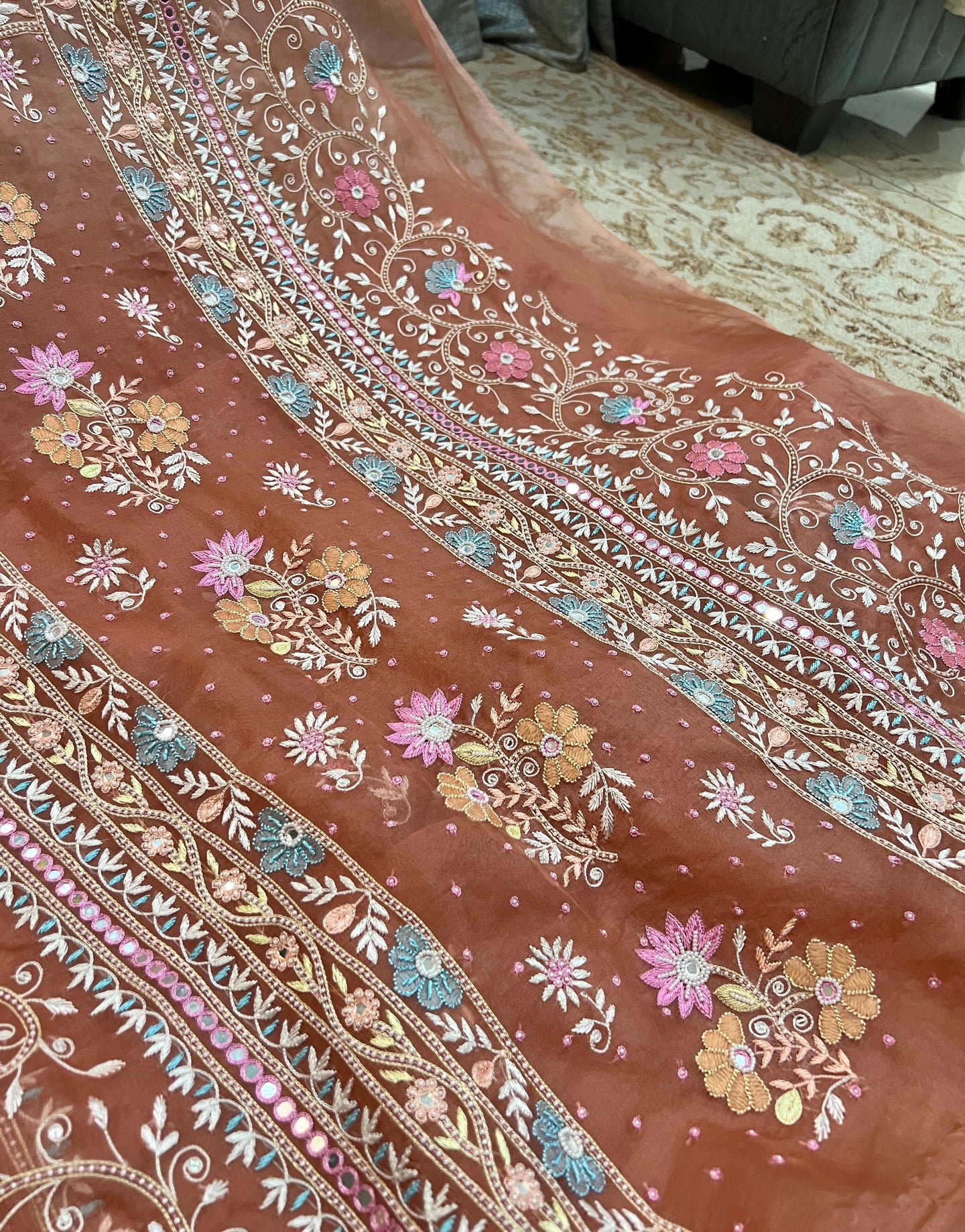 Ruhani Rusty Rose fine Chikankari pure Organza kurta with dupatta